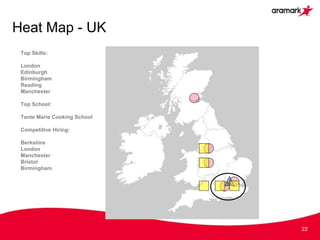 Heat Map - UK
22
Top Skills:
London
Edinburgh
Birmingham
Reading
Manchester
Top School:
Tante Marie Cooking School
Competitive Hiring:
Berkshire
London
Manchester
Bristol
Birmingham
 