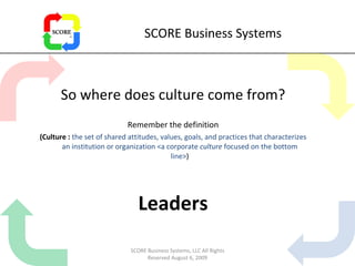 SCORE Business Systems So where does culture come from? Remember the definition (Culture :  the set of shared attitudes, values, goals, and practices that characterizes an institution or organization <a corporate  culture  focused on the bottom line> ) Leaders SCORE Business Systems, LLC All Rights Reserved August 6, 2009 