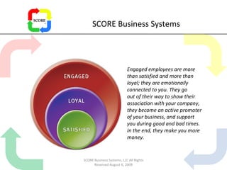SCORE Business Systems Engaged employees are more than satisfied and more than loyal; they are emotionally connected to you. They go out of their way to show their association with your company, they become an active promoter of your business, and support you during good and bad times. In the end, they make you more money. SCORE Business Systems, LLC All Rights Reserved August 6, 2009 