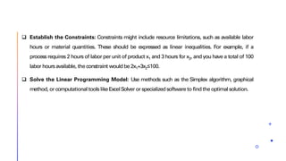 ❑ Establish the Constraints: Constraints might include resource limitations, such as available labor
hours or material quantities. These should be expressed as linear inequalities. For example, if a
process requires 2 hours of labor per unit of product x1 and 3 hours for x2, and you have a total of 100
labor hoursavailable, the constraint wouldbe 2x1+3x2≤100.
❑ Solve the Linear Programming Model: Use methods such as the Simplex algorithm, graphical
method, or computational toolslikeExcelSolver or specializedsoftware to findthe optimalsolution.
 