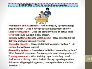 29
DISCOVERY – What is needed from supplier
Product mix and assortment - Is the company’s product range
broad enough? Does it have product development ability?
Sales force/support - Does the company have an active sales
force that could support a new project?
Delivery system/adequate warehousing - How advanced is the
delivery and warehousing system?
Computer capacity - How good is their computer system? Is it
compatible with our system?
Accounting systems - How advanced is their accounting system?
What financial statements for managerial control are produced?
Training personnel - What training capacity do they have?
Performance history - What is their history regarding on-time
deliveries, shipping/billing errors, damaged orders and other
functions?
 