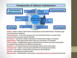 42
Critical
Processes
Project
identification
Cost DriversOpportunities
Making process
changes
Evaluation
Improvement
Measurements
Communication
Components of alliance maintenance
Training Incentives
Alliance Plan
& Objectives
Projects - There is always a limit to how many projects can be implemented. Therefore, long-
term scheduling is important.
Critical processes – As the team measures the cost of each joint task, it can spot critical
processes that may require special attention.
Cost drivers – Cost drivers should continually be reviewed (for changes in situation).
Opportunities – New opportunities often show up as cost drivers are reviewed.
Process changes – Reengineering, process improvements can been seen when many people
are looking at the problems from different perspectives.
Evaluation – Learning achievements will propel the alliance to the next project.
Communication – Better communication with different people generates ideas.
Incentives – As wealth is created, better incentives can be introduced.
Training – Joint training can add new skills.
Measurements – With detailed measurements, costs/improvements are exposed and reduced.
 