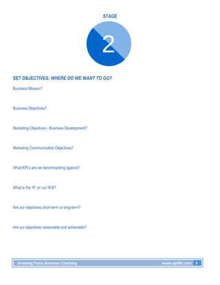 STAGE 
SET OBJECTIVES: WHERE DO WE WANT TO GO? 
Business Mission? 
Business Objectives? 
Marketing Objectives - Business Development? 
Marketing Communication Objectives? 
What KPI’s are we benchmarking against? 
What is the ‘R’ on our ROI? 
Are our objectives short-term or long-term? 
Are our objectives reasonable and achievable? 
Growing 
Pains 
Business 
Coaching 
www.spillly.com 
5 
 