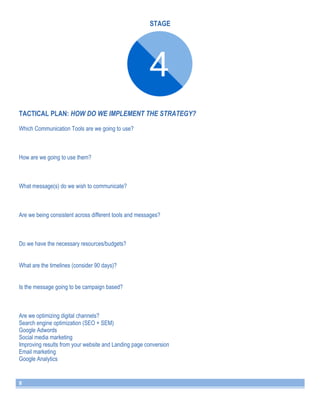 8 
STAGE 
TACTICAL PLAN: HOW DO WE IMPLEMENT THE STRATEGY? 
Which Communication Tools are we going to use? 
How are we going to use them? 
What message(s) do we wish to communicate? 
Are we being consistent across different tools and messages? 
Do we have the necessary resources/budgets? 
What are the timelines (consider 90 days)? 
Is the message going to be campaign based? 
Are we optimizing digital channels? 
Search engine optimization (SEO + SEM) 
Google Adwords 
Social media marketing 
Improving results from your website and Landing page conversion 
Email marketing 
Google Analytics 
 