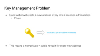 Key Management Problem
● Good wallet will create a new address every time it receives a transaction
○ Privacy
● This means a new private + public keypair for every new address
1PzGm1KM1Tp4ZphQzoejaz6kJPcd4kRrMw
 