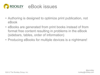 eBook issues

• Authoring is designed to optimize print publication, not
  eBook
• eBooks are generated from print books i...