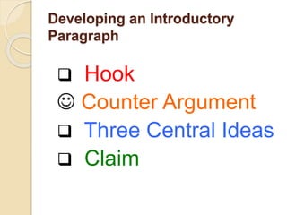 Developing an Introductory
Paragraph
 Hook
 Counter Argument
 Three Central Ideas
 Claim
 