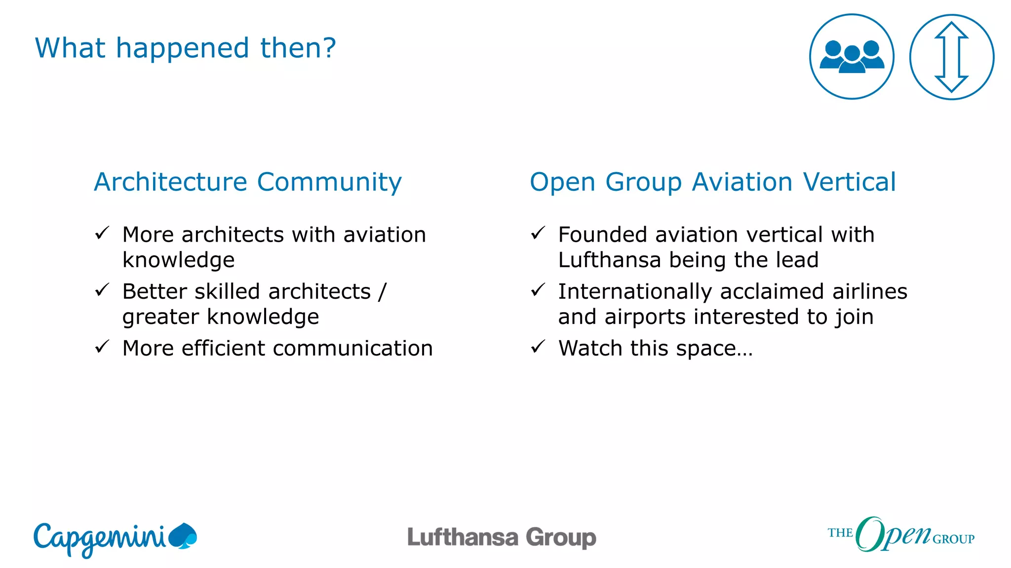 What happened then?
Architecture Community
 More architects with aviation
knowledge
 Better skilled architects /
greater knowledge
 More efficient communication
Open Group Aviation Vertical
 Founded aviation vertical with
Lufthansa being the lead
 Internationally acclaimed airlines
and airports interested to join
 Watch this space…
 
