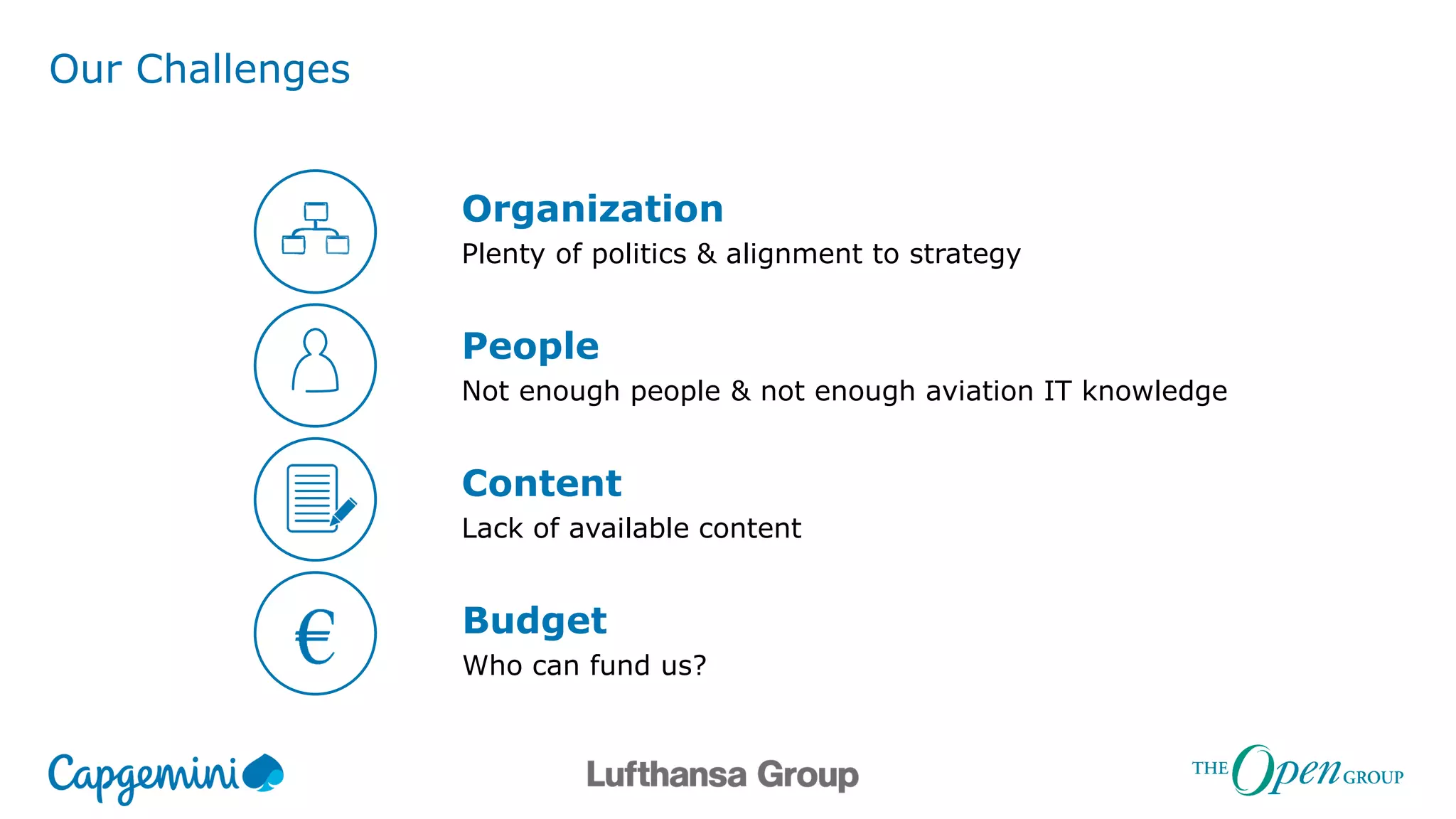 Our Challenges
People
Not enough people & not enough aviation IT knowledge
Organization
Plenty of politics & alignment to strategy
Content
Lack of available content
Budget
Who can fund us?
 