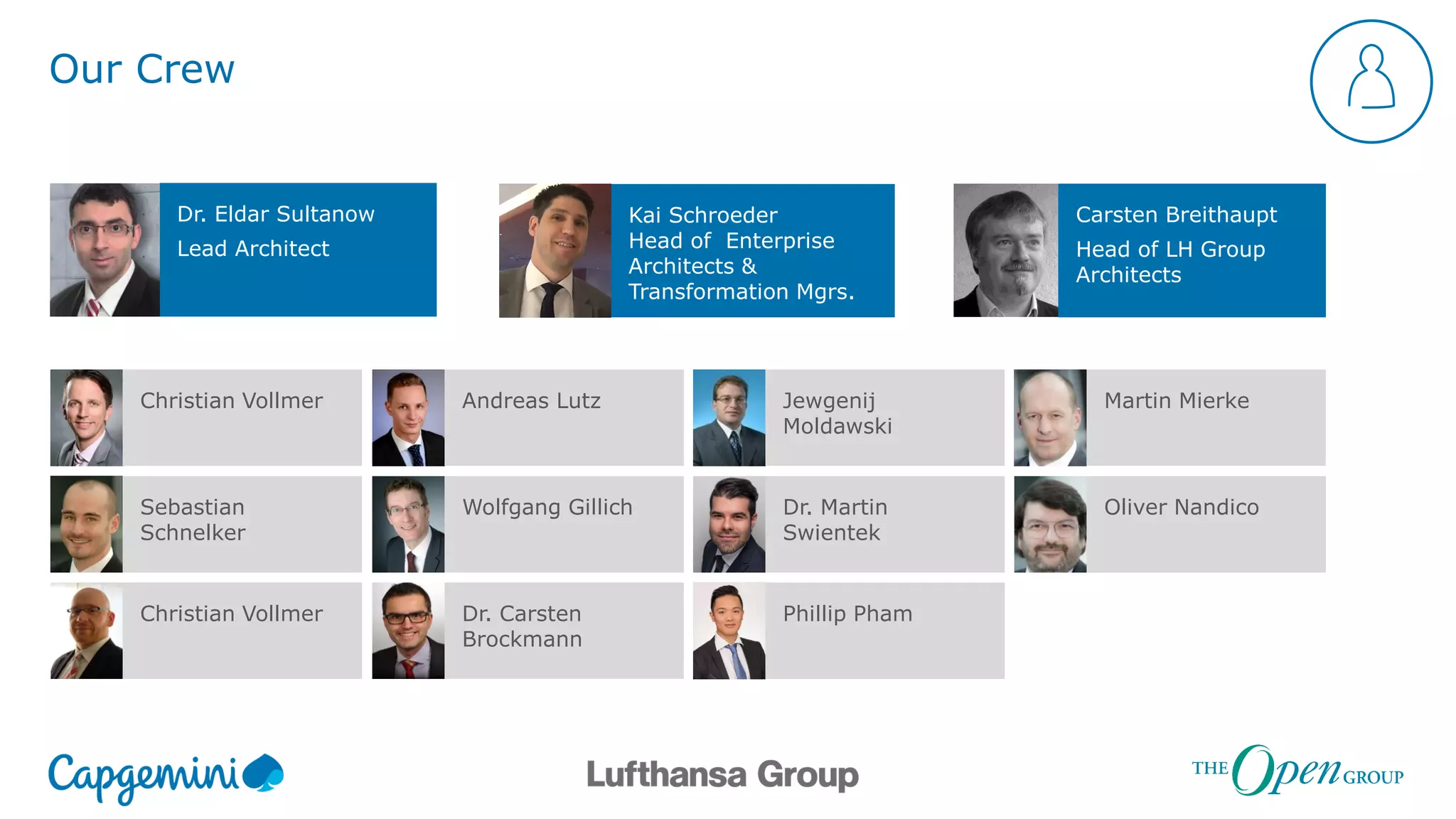 Our Crew
Dr. Eldar Sultanow
Lead Architect
Carsten Breithaupt
Head of LH Group
Architects
Kai Schroeder
Head of Enterprise
Architects &
Transformation Mgrs.
Christian Vollmer
Sebastian
Schnelker
Christian Vollmer
Andreas Lutz
Wolfgang Gillich
Dr. Carsten
Brockmann
Jewgenij
Moldawski
Dr. Martin
Swientek
Phillip Pham
Martin Mierke
Oliver Nandico
 
