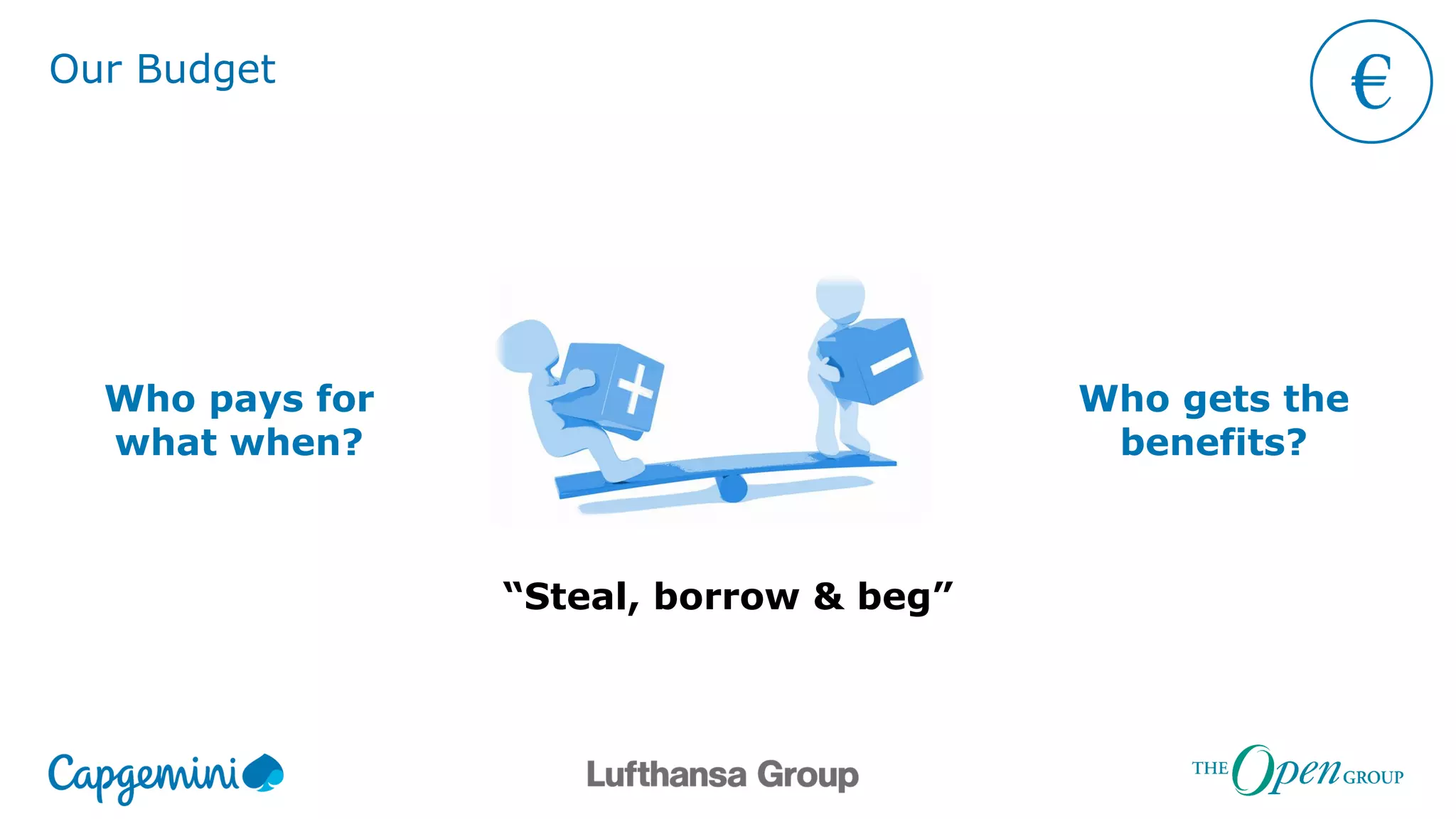 Our Budget
Who pays for
what when?
Who gets the
benefits?
“Steal, borrow & beg”
 