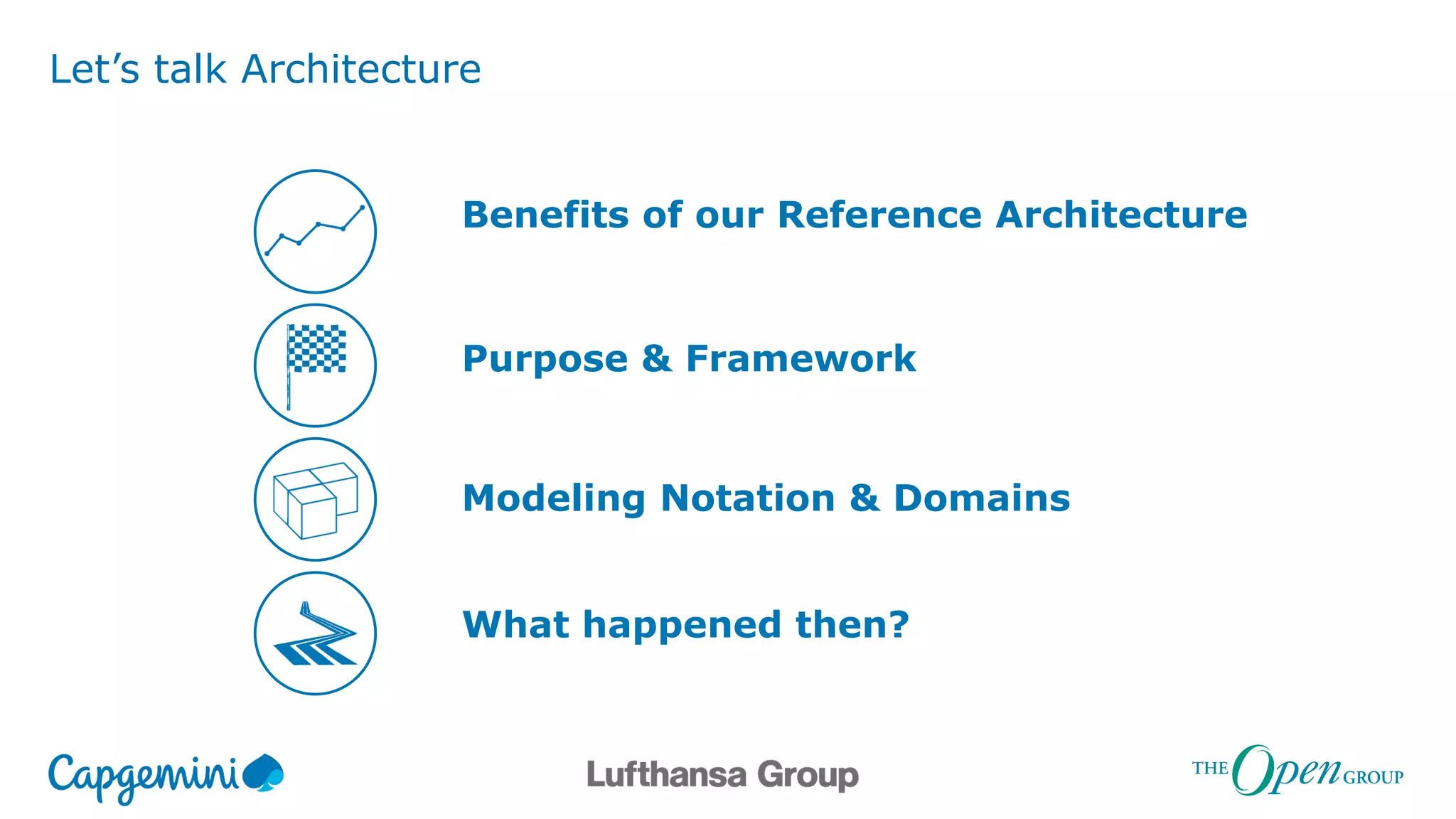 Let’s talk Architecture
Benefits of our Reference Architecture
Purpose & Framework
Modeling Notation & Domains
What happened then?
 