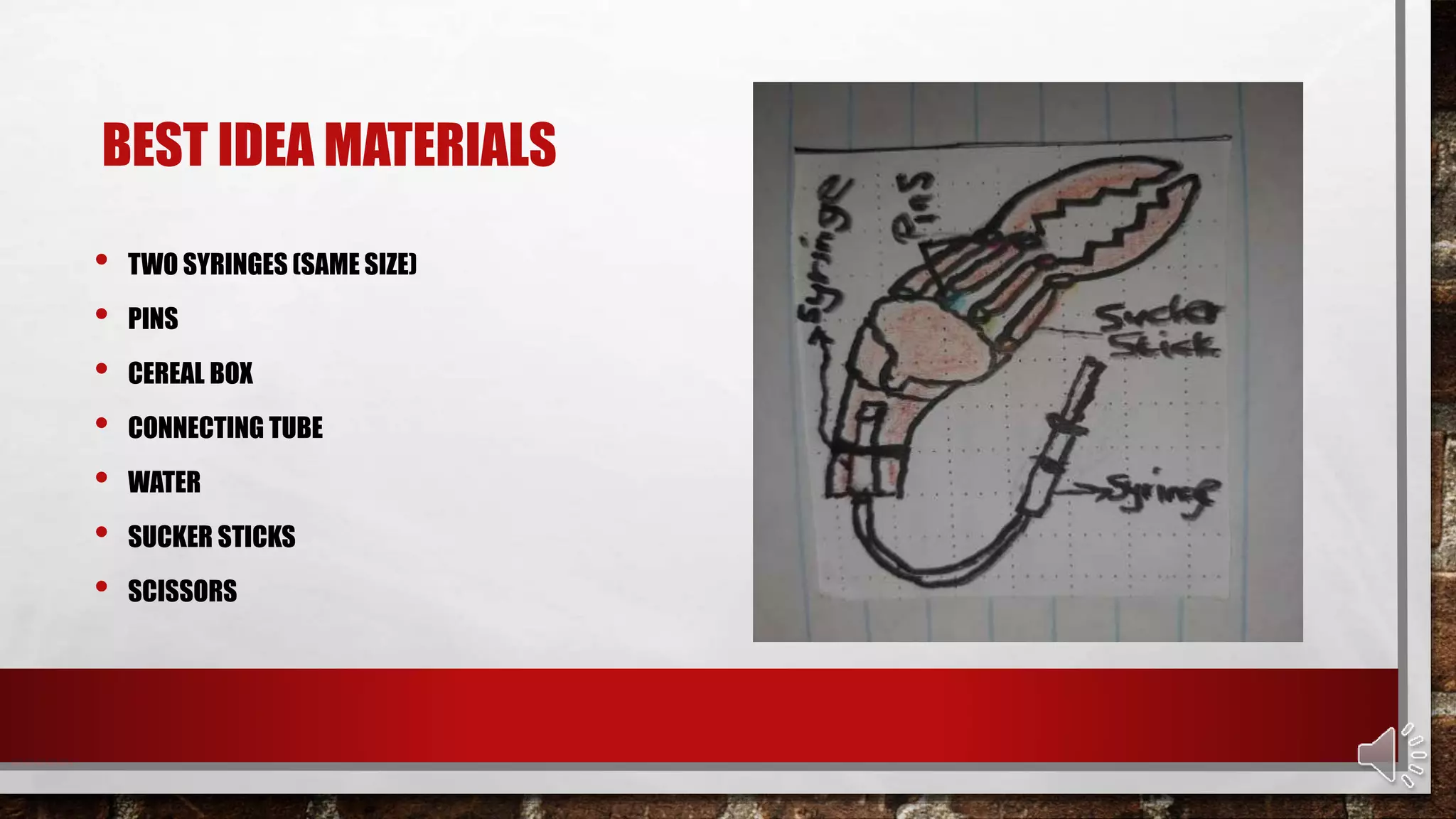 BEST IDEA MATERIALS
• TWO SYRINGES (SAME SIZE)
• PINS
• CEREAL BOX
• CONNECTING TUBE
• WATER
• SUCKER STICKS
• SCISSORS
 