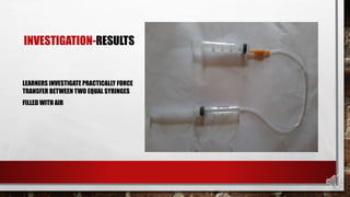 INVESTIGATION-RESULTS
LEARNERS INVESTIGATE PRACTICALLY FORCE
TRANSFER BETWEEN TWO EQUAL SYRINGES
FILLED WITH AIR
 