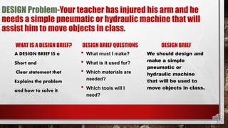 DESIGN Problem-Your teacher has injured his arm and he
needs a simple pneumatic or hydraulic machine that will
assist him to move objects in class.
WHAT IS A DESIGN BRIEF?
A DESIGN BRIEF IS a
Short and
Clear statement that
Explains the problem
and how to solve it.
DESIGN BRIEF QUESTIONS
• What must I make?
• What is it used for?
• Which materials are
needed?
• Which tools will I
need?
DESIGN BRIEF
We should design and
make a simple
pneumatic or
hydraulic machine
that will be used to
move objects in class.
 
