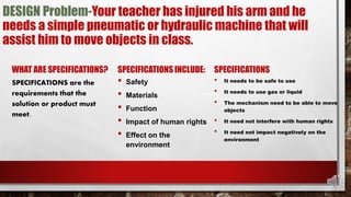 DESIGN Problem-Your teacher has injured his arm and he
needs a simple pneumatic or hydraulic machine that will
assist him to move objects in class.
WHAT ARE SPECIFICATIONS?
SPECIFICATIONS are the
requirements that the
solution or product must
meet.
SPECIFICATIONS INCLUDE:
• Safety
• Materials
• Function
• Impact of human rights
• Effect on the
environment
SPECIFICATIONS
• It needs to be safe to use
• It needs to use gas or liquid
• The mechanism need to be able to move
objects
• It need not interfere with human rights
• It need not impact negatively on the
environment
 