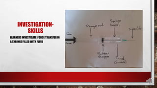 INVESTIGATION-
SKILLS
LEARNERS INVESTIGATE FORCE TRANSFER IN
A SYRINGE FILLED WITH FLUID
 