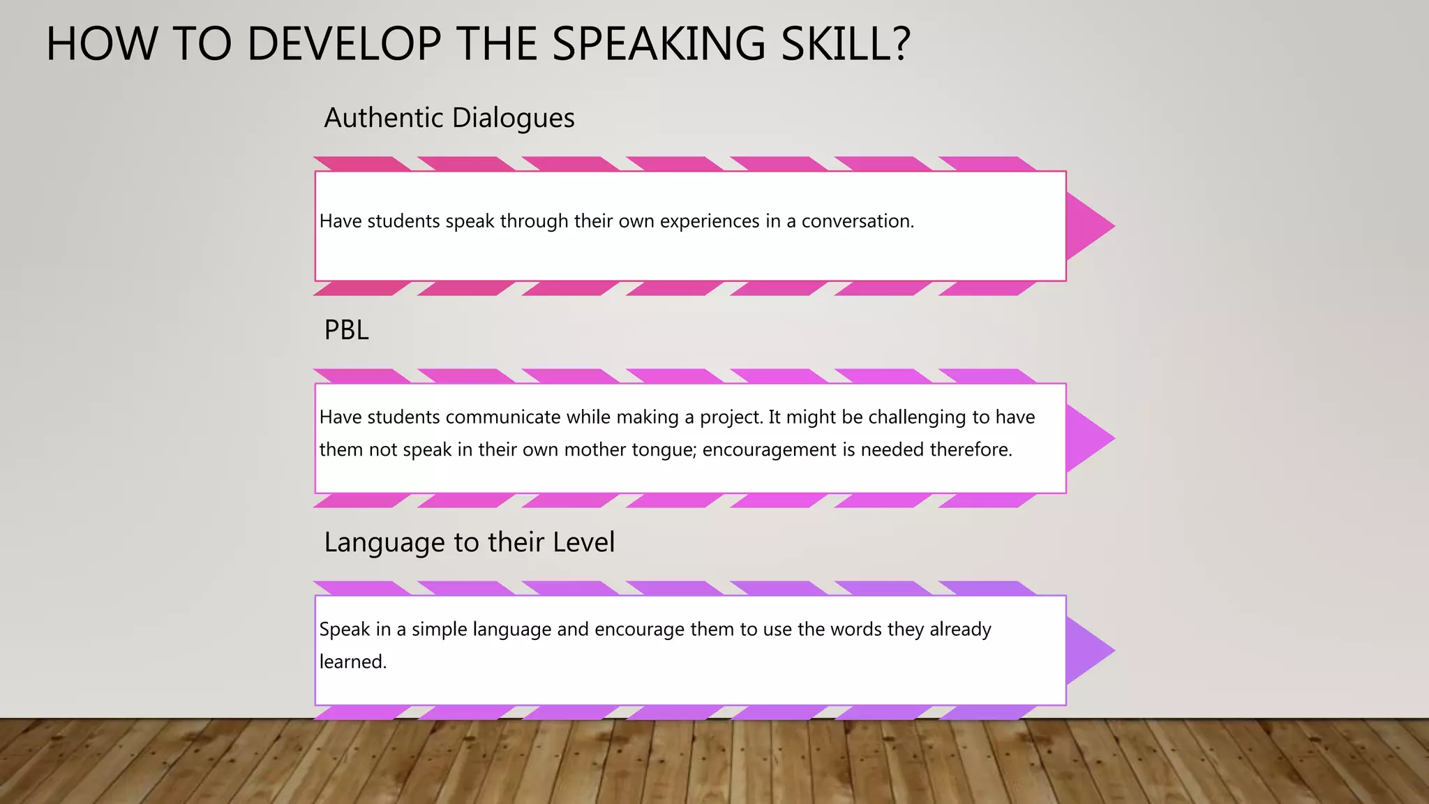 Authentic Dialogues
Have students speak through their own experiences in a conversation.
PBL
Have students communicate while making a project. It might be challenging to have
them not speak in their own mother tongue; encouragement is needed therefore.
Language to their Level
Speak in a simple language and encourage them to use the words they already
learned.
HOW TO DEVELOP THE SPEAKING SKILL?
 