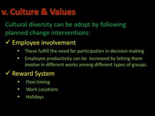 Cultural diversity can be adopt by following
planned change interventions:
 Employee involvement
       These fulfill the need for participation in decision making
       Employee productivity can be increased by letting them
        involve in different works among different types of groups.
 Reward System
       Flexi timing
       Work Locations
       Holidays
 
