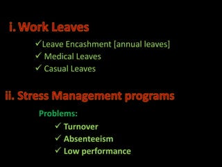 Leave Encashment [annual leaves]
 Medical Leaves
 Casual Leaves



Problems:
    Turnover
    Absenteeism
    Low performance
 