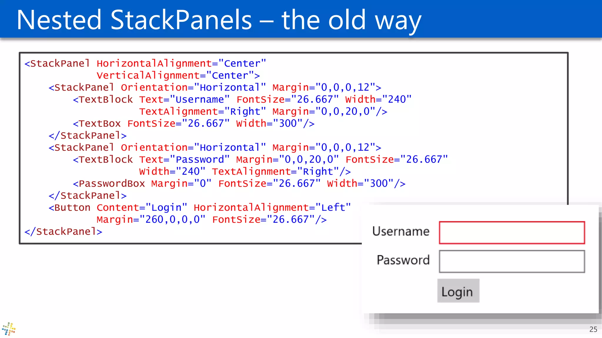 Nested StackPanels – the old way
<StackPanel HorizontalAlignment="Center"
VerticalAlignment="Center">
<StackPanel Orientation="Horizontal" Margin="0,0,0,12">
<TextBlock Text="Username" FontSize="26.667" Width="240"
TextAlignment="Right" Margin="0,0,20,0"/>
<TextBox FontSize="26.667" Width="300"/>
</StackPanel>
<StackPanel Orientation="Horizontal" Margin="0,0,0,12">
<TextBlock Text="Password" Margin="0,0,20,0" FontSize="26.667"
Width="240" TextAlignment="Right"/>
<PasswordBox Margin="0" FontSize="26.667" Width="300"/>
</StackPanel>
<Button Content="Login" HorizontalAlignment="Left"
Margin="260,0,0,0" FontSize="26.667"/>
</StackPanel>
25
 