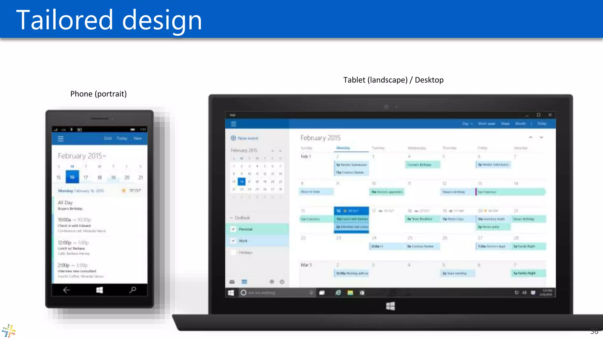 Tailored design
Phone (portrait)
Tablet (landscape) / Desktop
36
 