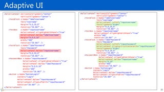 Adaptive UI
<RelativePanel HorizontalAlignment="Center"
VerticalAlignment="Center">
<TextBlock x:Name="labelUsername"
Text="Username"
RelativePanel.LeftOf="inputUsername"
TextAlignment="Right"
Margin="0,0,20,0"
FontSize="26.667" />
<TextBox x:Name="inputUsername"
RelativePanel.AlignRightWithPanel="True"
Width="300"
FontSize="26.667" />
<TextBlock x:Name="labelPassword“
Text="Password"
RelativePanel.LeftOf="inputPassword"
RelativePanel.AlignVerticalCenterWith="inputPassword"
TextAlignment="Right"
Margin="0,0,20,0"
FontSize="26.667" />
<PasswordBox x:Name="inputPassword"
RelativePanel.AlignRightWithPanel="True“
RelativePanel.Below="inputUsername"
Margin="0,10"
Width="300"
FontSize="26.667" />
<Button x:Name="buttonLogin"
Content="Login"
RelativePanel.Below="inputPassword"
RelativePanel.AlignLeftWith="inputPassword"
FontSize="26.667" />
</RelativePanel>
<RelativePanel HorizontalAlignment="Center"
VerticalAlignment="Center">
<TextBlock x:Name="labelUsername“
Text="Username“
Margin="0,0,20,0"
FontSize="26.667" />
<TextBox x:Name="inputUsername"
RelativePanel.AlignRightWithPanel="True"
RelativePanel.Below="labelUsername"
Margin="0,0,0,10"
Width="300"
FontSize="26.667" />
<TextBlock x:Name="labelPassword"
Text="Password"
RelativePanel.Below="inputUsername"
Margin="0,0,20,0"
FontSize="26.667" />
<PasswordBox x:Name="inputPassword"
RelativePanel.AlignRightWithPanel="True"
RelativePanel.Below="labelPassword"
Margin="0,0,0,10"
Width="300"
FontSize="26.667" />
<Button x:Name="buttonLogin"
Content="Login"
RelativePanel.Below="inputPassword"
RelativePanel.AlignLeftWith="inputPassword"
FontSize="26.667" />
</RelativePanel>
30
 