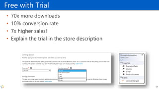 Free with Trial
• 70x more downloads
• 10% conversion rate
• 7x higher sales!
• Explain the trial in the store description
54
 
