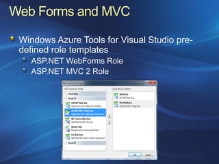 Windows Azure Tools for Visual Studio pre-
defined role templates
  ASP.NET WebForms Role
  ASP.NET MVC 2 Role
 