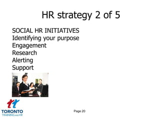 HR strategy 2 of 5
SOCIAL HR INITIATIVES
Identifying your purpose
Engagement
Research
Alerting
Support




                      Page 20
 