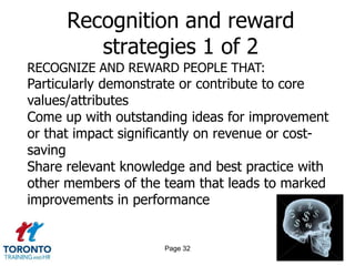 Recognition and reward
         strategies 1 of 2
RECOGNIZE AND REWARD PEOPLE THAT:
Particularly demonstrate or contribute to core
values/attributes
Come up with outstanding ideas for improvement
or that impact significantly on revenue or cost-
saving
Share relevant knowledge and best practice with
other members of the team that leads to marked
improvements in performance


                     Page 32
 