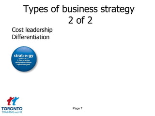 Types of business strategy
              2 of 2
Cost leadership
Differentiation




                  Page 7
 