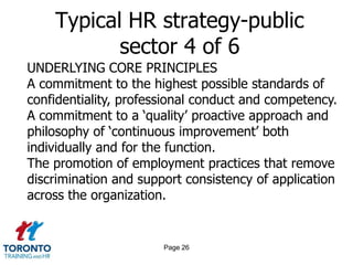 Page 24Typical HR strategy-public sector 2 of 6 YEAR ONE AIMS AND KEY OUTCOME MEASURESCommunicationDiversityEmployee and Trade Union RelationsEmployee Development and MotivationHealth, Safety and WelfareOrganizational DevelopmentPerformance ManagementRecruitment and RetentionRemunerationWorkforce Data