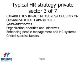 Page 30Typical HR strategy-private sector 1 of 7 YEAR ONE KEY ELEMENTSCommunicationDiversityEmployee and Trade Union RelationsEmployee Development and MotivationHealth, Safety and Welfareorganizational DevelopmentPerformance ManagementRecruitment and RetentionRemunerationWorkforce Data