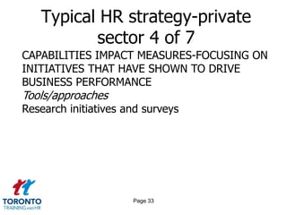 Page 31Typical HR strategy-private sector 2 of 7 BUSINESS IMPACT MEASURES-FOCUSING ON BUSINESS ACHIEVEMENTS INFLUENCED BY PEOPLE-RELATED INITIATIVESTools/approachesStrategic analysisBusiness-driven approachValue chain analysisStakeholder perceptions of impactGoodwill/intangible asset impact