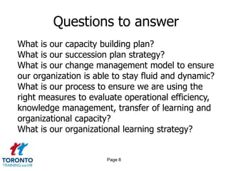 Page 6Questions to askSTRESS TESTWho is your primary customer?How do your core values prioritize shareholders, employees and customers?What critical performance variables are you tracking?What strategic boundaries have you set?How are you generating creative tension?How committed are your employees to helping each other?What strategic uncertainties keep you awake at night?