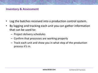 Confidential & Proprietarywww.dclab.com
Inventory & Assessment
• Log the batches received into a production control system.
• By logging and tracking each unit you can gather information
that can be used to:
– Project delivery schedules
– Confirm that processes are working properly
– Track each unit and show you in what step of the production
process it’s in.
 
