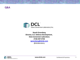 Confidential & Proprietarywww.dclab.com 33
Q&A
Naveh Greenberg
Director, U.S. Defense Development,
Data Conversion Laboratory
(718) 307-5758
ngreenberg@dclab.com
@dclaboratory
 