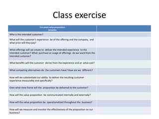 Class exercise
Ten-point value proposition
template
Who is the intended customer?
What will the customer’s experience be of the offering and the company, and
what price will they pay?
What offerings will we create to deliver the intended experience to the
intended customer? What purchase or usage of offerings do we want from the
intended customer?
What beneﬁts will the customer derive from the experience and at what cost?
What competing alternatives do the customers have? How are we different?
How will we substantiate our ability to deliver the resulting customer
experience measurably and speciﬁcally?
Over what time frame will the proposition be delivered to the customer?
How will the value proposition be communicated internally and externally?
How will the value proposition be operationalized throughout the business?
How will we measure and monitor the effectiveness of the proposition on our
business?
 