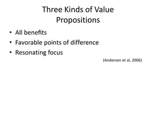 Three Kinds of Value
Propositions
• All beneﬁts
• Favorable points of difference
• Resonating focus
(Anderson et al, 2006)
 