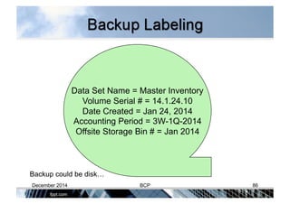 Data Set Name = Master Inventory
Volume Serial # = 14.1.24.10
Date Created = Jan 24, 2014
Accounting Period = 3W-1Q-2014
Offsite Storage Bin # = Jan 2014
Backup could be disk…
December 2014 BCP 86
 