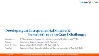 Developing an Entrepreneurial Mindset &
Framework to solve Grand Challenges
Conference: 2nd International Conference for Entrepreneurial Engineering (ICEE 2016)
Venue: Institute of Business Management, Pakistan
Date & Time: Sunday, August 28, 2016 / 11:45 AM – 2:00 PM
Speaker: Syed Abdul Basit (Founder, VISIONi Ventures, a subsidiary of Appylink 360)
9/5/2016 Developingan Entrepreneurial Mindset& Framework tosolveGrand Challenges 1
 