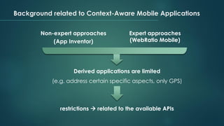 Background related to Context-Aware Mobile Applications
Non-expert approaches
(App Inventor)
Expert approaches
(WebRatio Mobile)
Derived applications are limited
(e.g. address certain specific aspects, only GPS)
restrictions → related to the available APIs
 