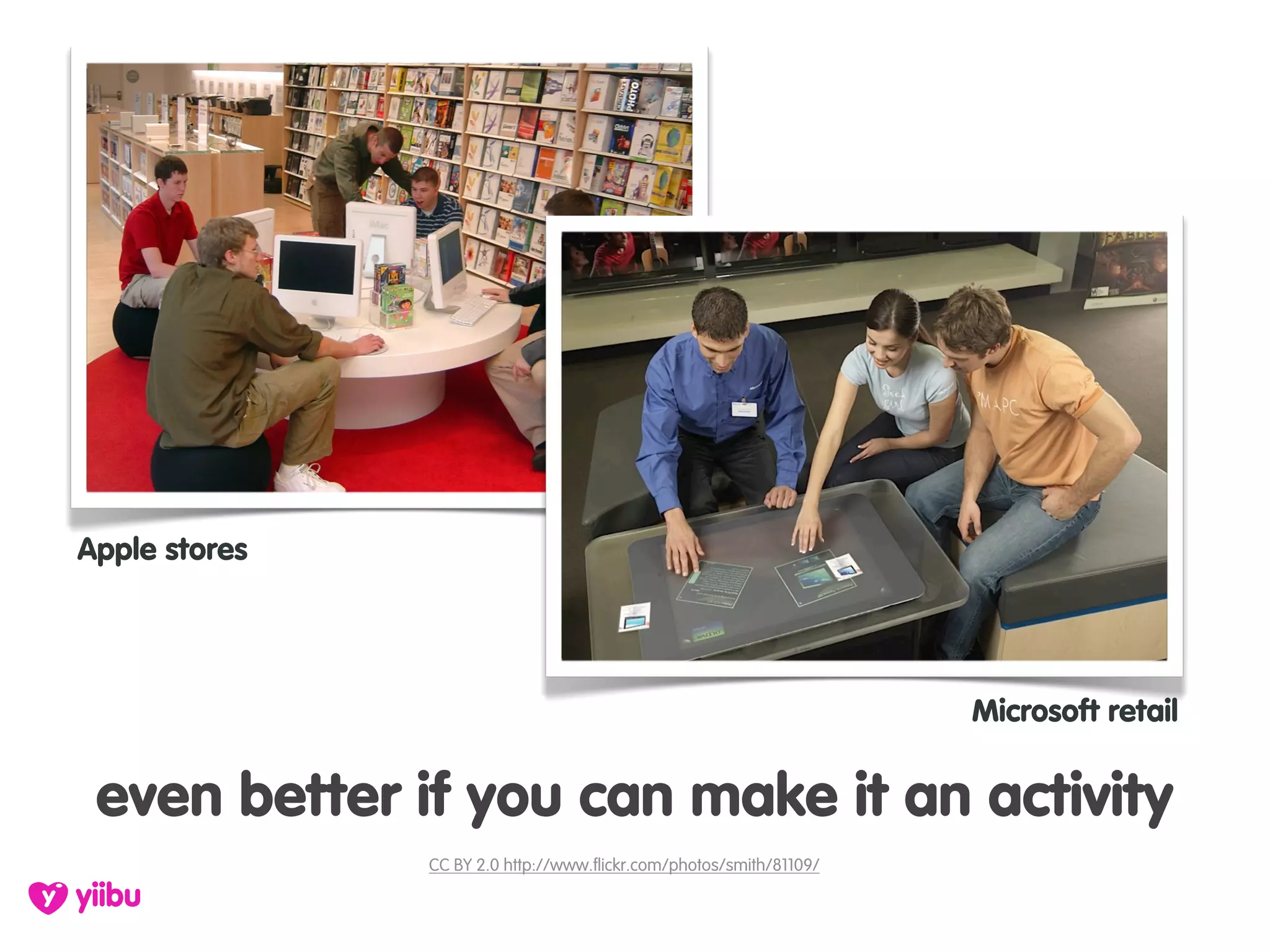 Apple stores




                                                                     Microsoft retail


 even better if you can make it an activity
               CC BY 2.0 http://www.flickr.com/photos/smith/81109/
 