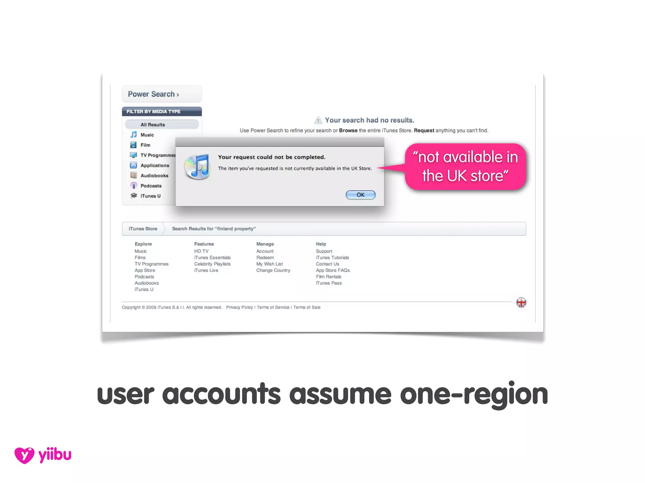 “not available in
                       the UK store”




user accounts assume one-region
 