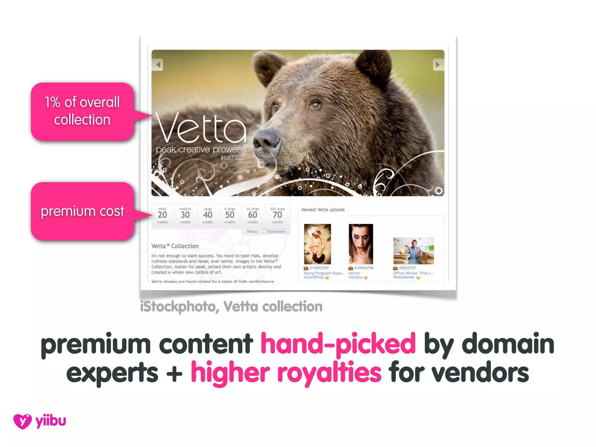 1% of overall
 collection




premium cost




                iStockphoto, Vetta collection

premium content hand-picked by domain
  experts + higher royalties for vendors
 