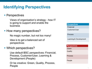 15
Identifying Perspectives
▪ Perspectives
Views of organisation’s strategy - how IT
is going to support and enable the
business
▪ How many perspectives?
No magic number, but not too many!
Idea is to get a balanced set of
perspectives
▪ Which perspectives?
Use default BSC perspectives: Financial,
Process, Customer/User, Learning &
Development (People)
Or be creative: Green, Quality, Process,
People
 