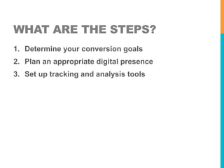 WHAT ARE THE STEPS? 
1. Determine your conversion goals 
2. Plan an appropriate digital presence 
3. Set up tracking and analysis tools 
 