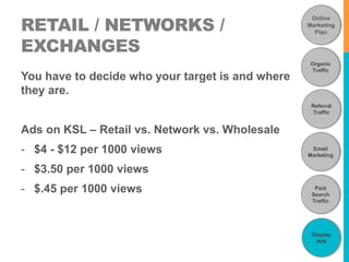 RETAIL / NETWORKS / 
EXCHANGES 
You have to decide who your target is and where 
they are. 
Ads on KSL – Retail vs. Network vs. Wholesale 
- $4 - $12 per 1000 views 
- $3.50 per 1000 views 
- $.45 per 1000 views 
Online 
Marketing 
Plan 
Organic 
Traffic 
Referral 
Traffic 
Email 
Marketing 
Paid 
Search 
Traffic 
Display 
Ads 
 