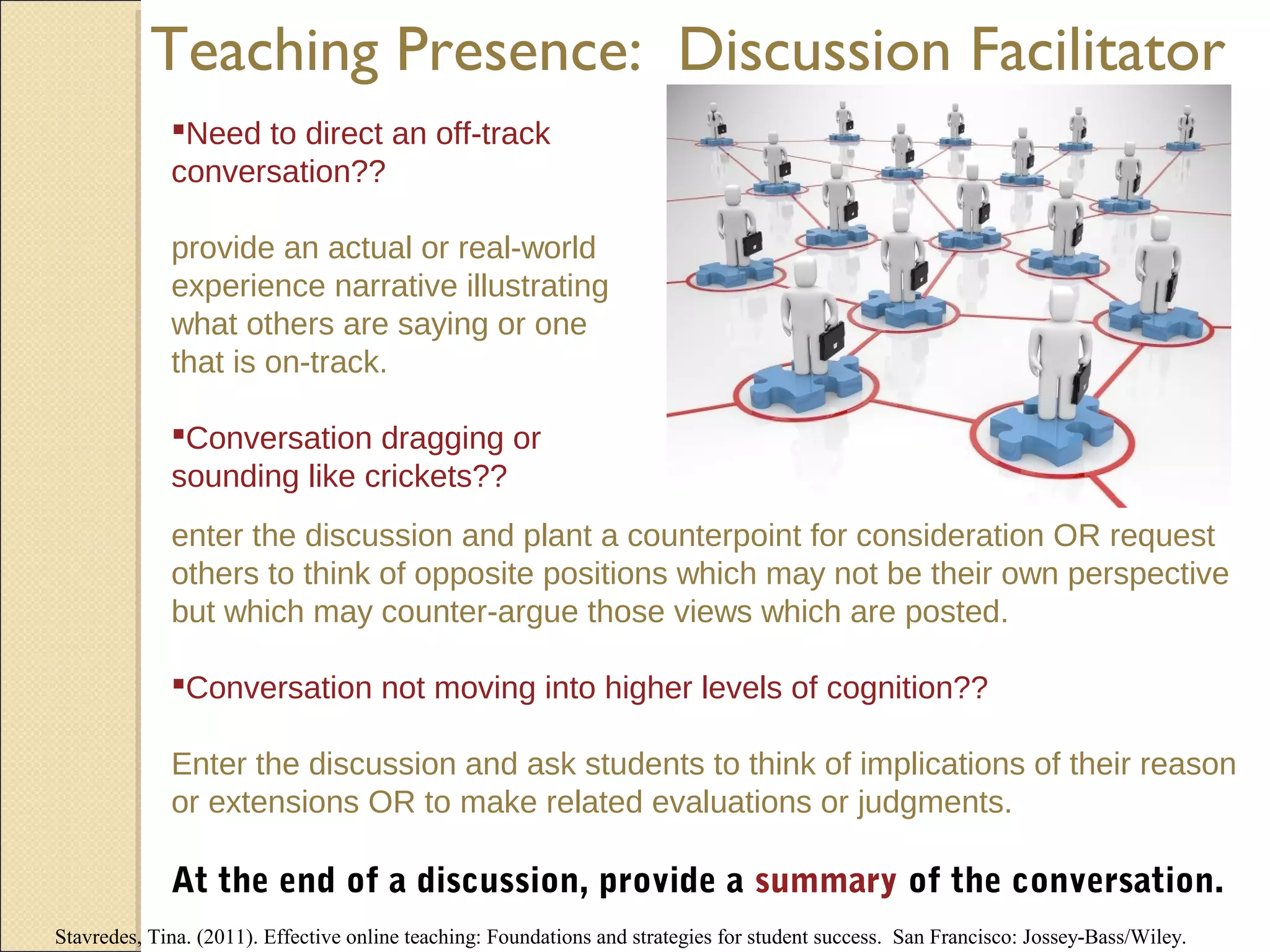 Teaching Presence: Discussion Facilitator
Need to direct an off-track
conversation??
provide an actual or real-world
experience narrative illustrating
what others are saying or one
that is on-track.
Conversation dragging or
sounding like crickets??
enter the discussion and plant a counterpoint for consideration OR request
others to think of opposite positions which may not be their own perspective
but which may counter-argue those views which are posted.
Conversation not moving into higher levels of cognition??
Enter the discussion and ask students to think of implications of their reason
or extensions OR to make related evaluations or judgments.

At the end of a discussion, provide a summary of the conversation.
Stavredes, Tina. (2011). Effective online teaching: Foundations and strategies for student success. San Francisco: Jossey-Bass/Wiley.

 
